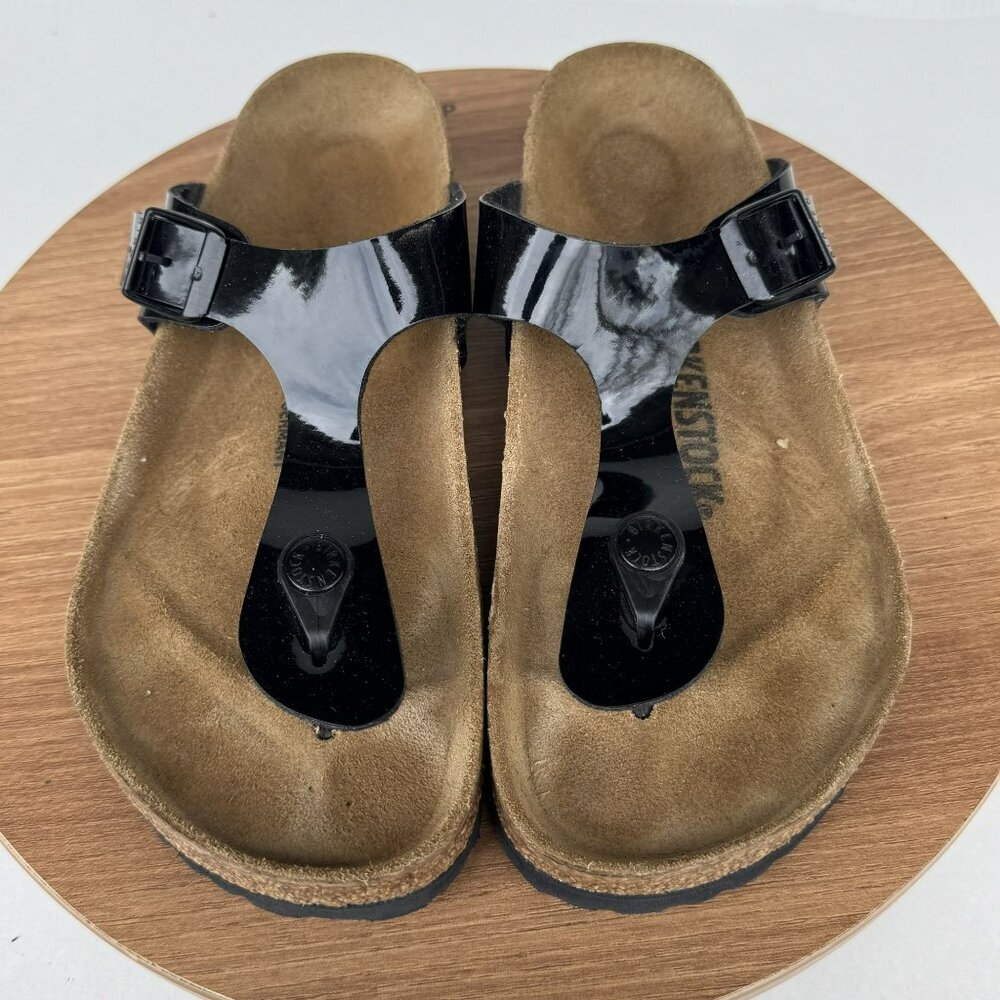 Birkenstock Gizeh Patent Black Faux‎ Leather Sandals Size 36 EU 5-5.5 US EUC